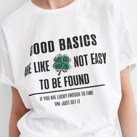 ZARA EMBELLISHED WHITE TEXT APPLIQUE T-SHIRT - Picture 2 of 4